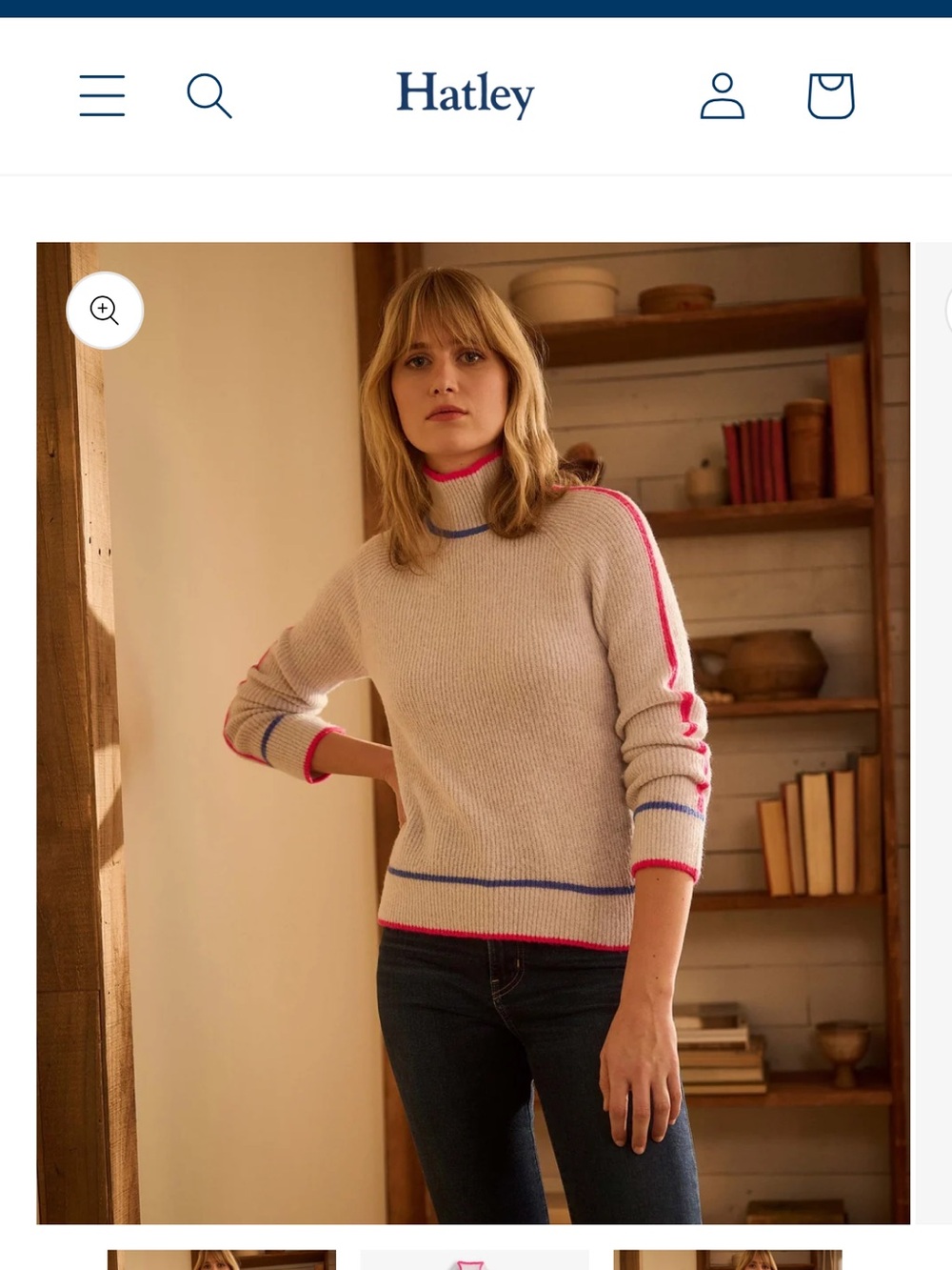 Hatley Cream Knit Turtleneck Sweater with Pink & Blue Trim